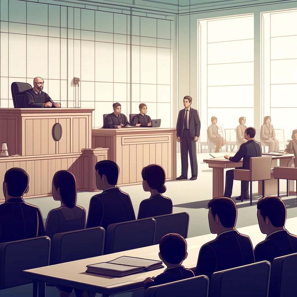 Immigration courtroom with a judge presiding, lawyers at their tables, and attendees observing the proceedings.