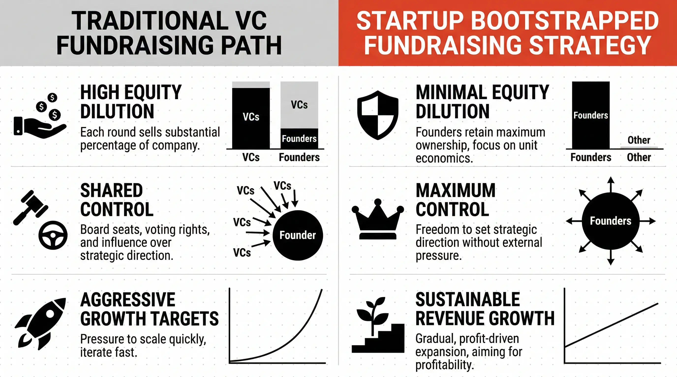 Side-by-side comparison diagram of traditional VC vs. startup booted fundraising strategy