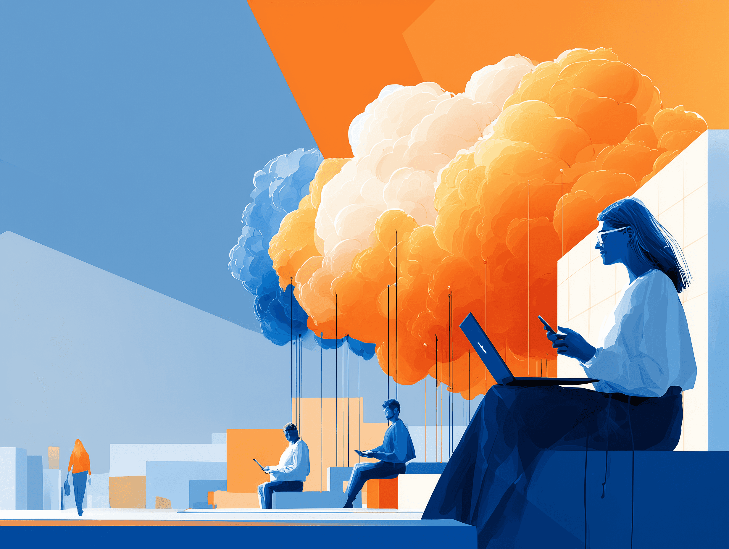 People working with cloud-based tools as abstract data clouds represent collaboration and innovation