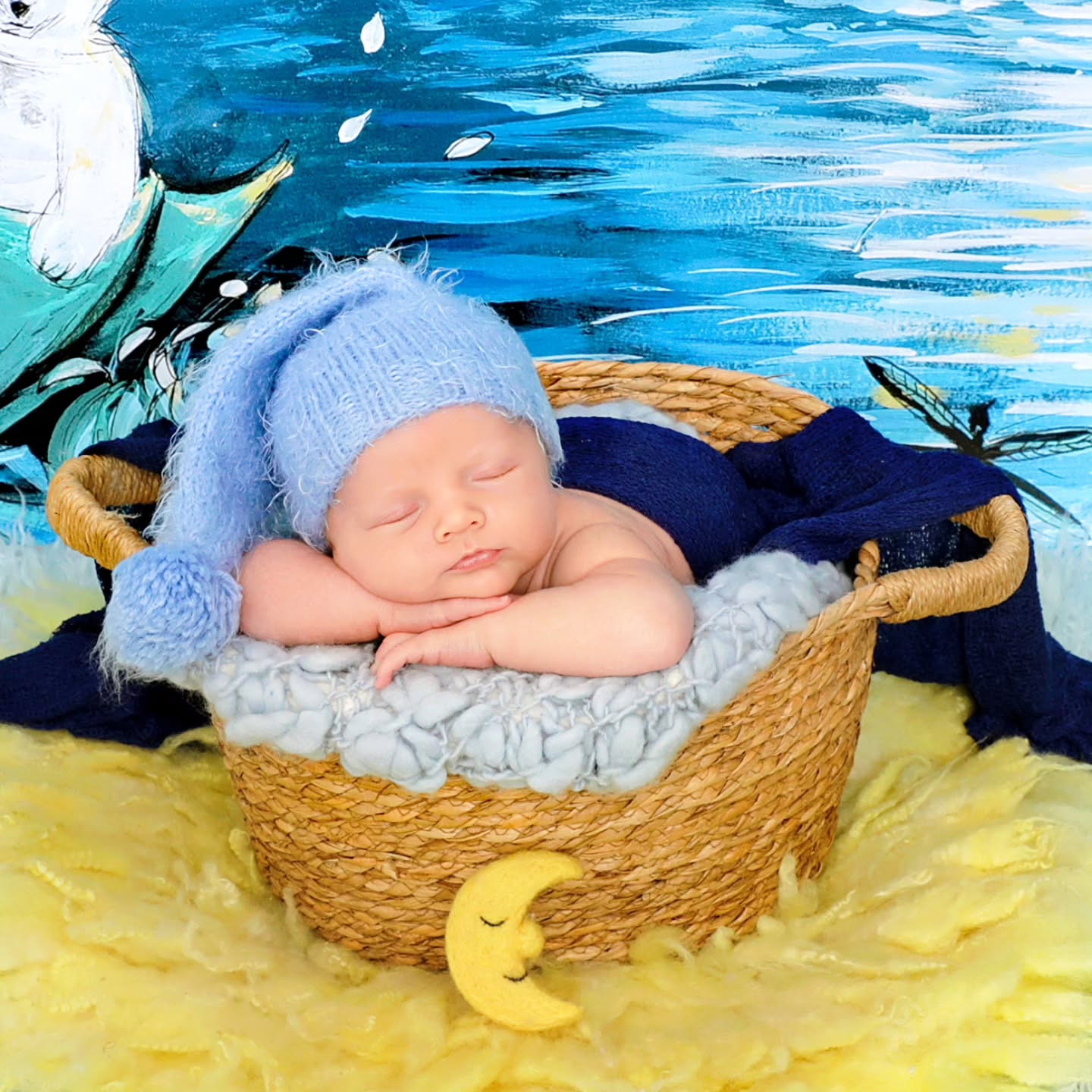 Newborn photoshoot in Dubai with a baby sleeping in a starry night theme, featured at A professional Mahvin Photography session.