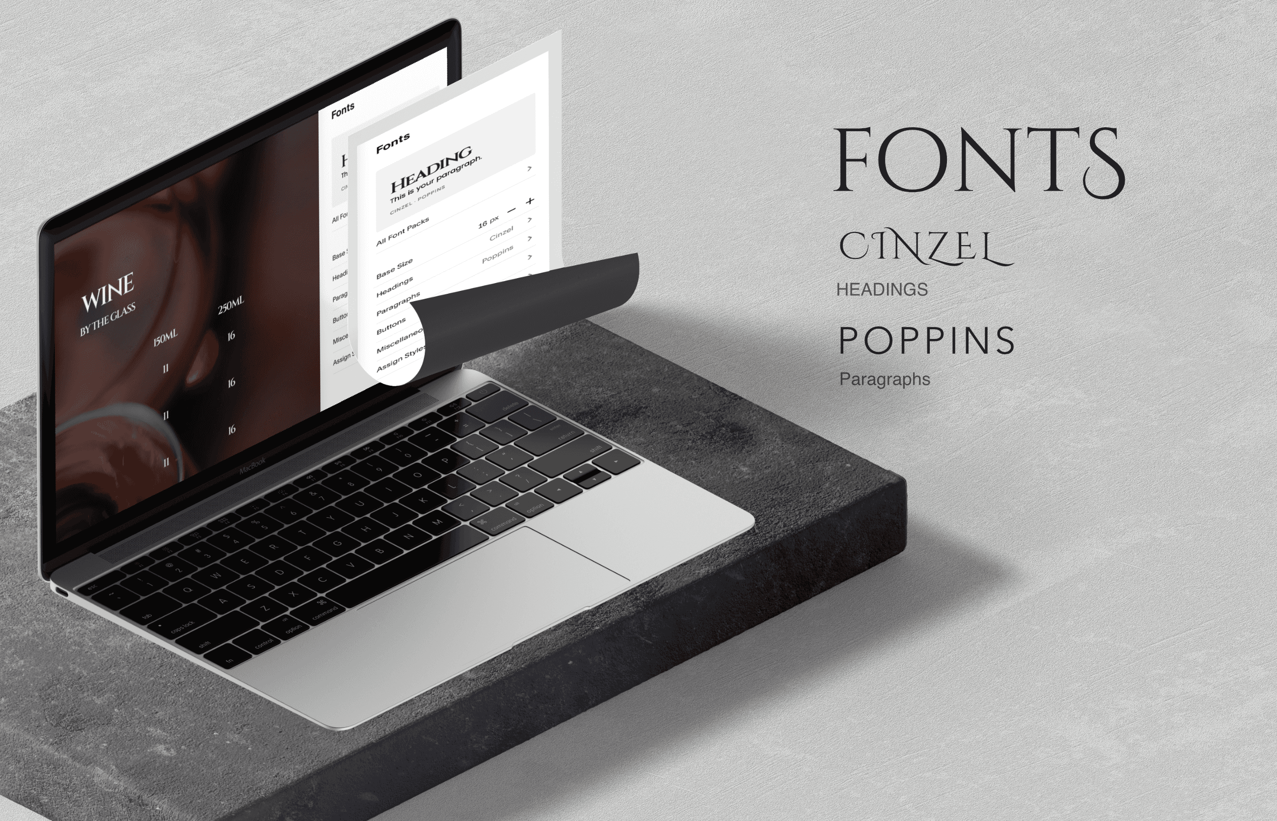 High-end 3D mockup of an iMac showing the Encore venue website alongside branded business cards on a dark, textured marble desk.