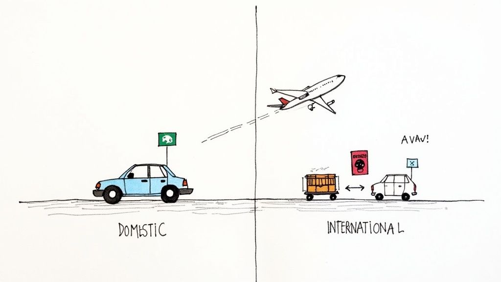 Cartoon illustrating differences in pet shipping for domestic versus international travel, showing varied rules.