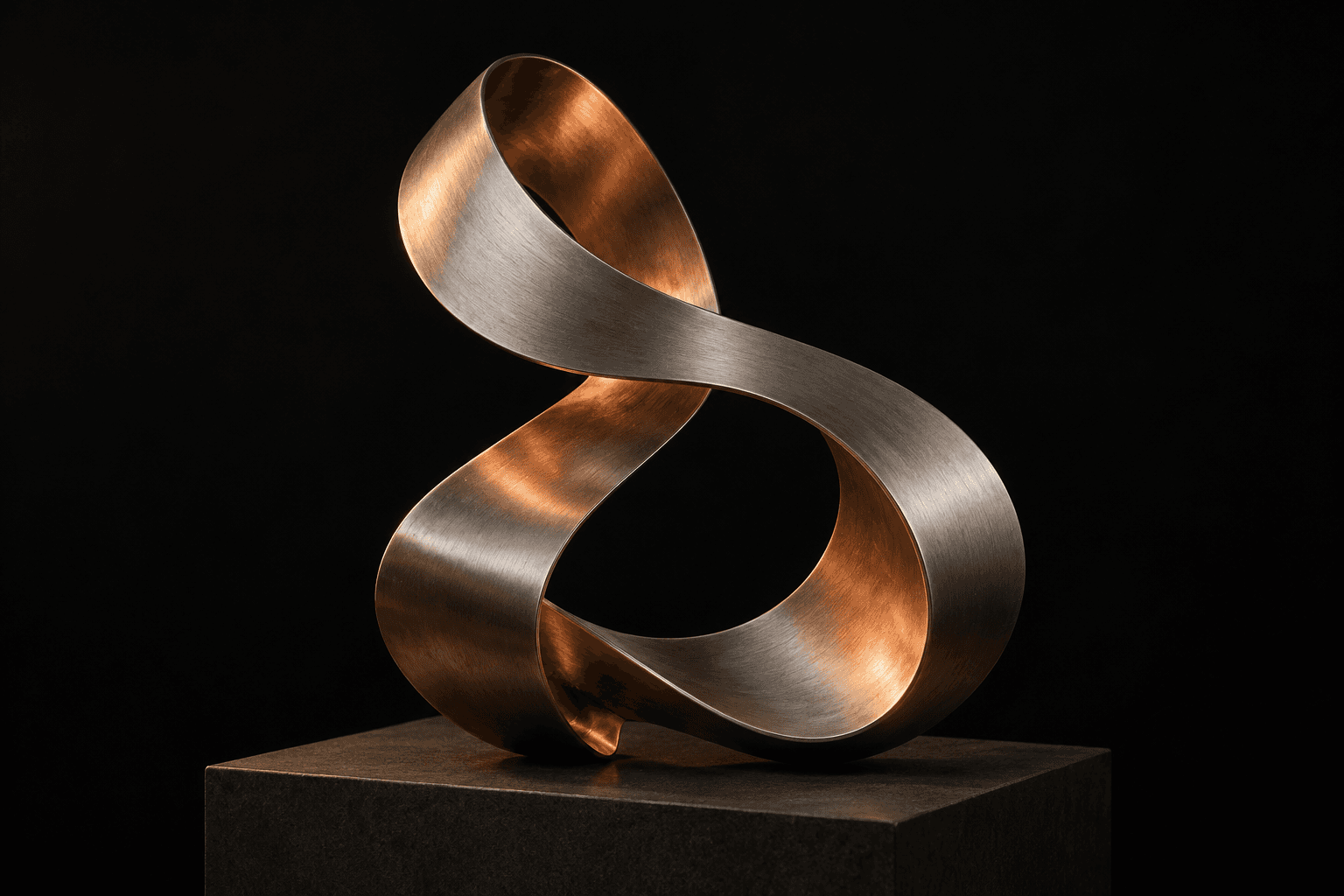 Original fictional loop-shaped dark sculpture lit from one side in copper light.