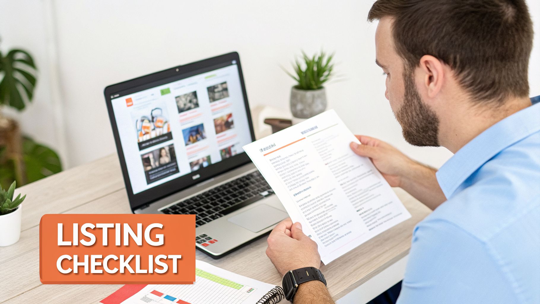 A man reviews a 'Listing Checklist' document at a desk with a laptop displaying product images.