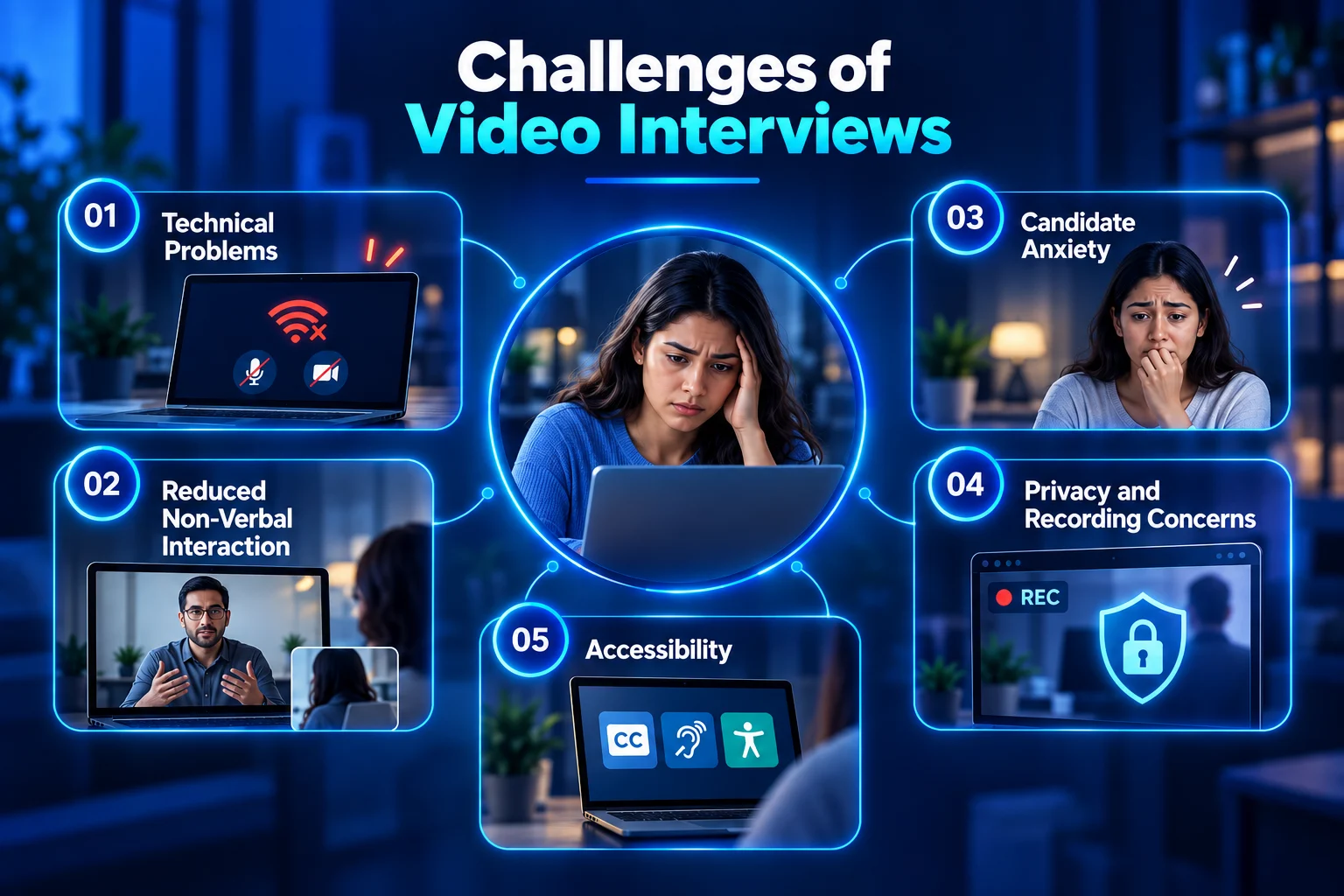 Challenges of video interviews, including technical issues, anxiety, privacy, and accessibility.