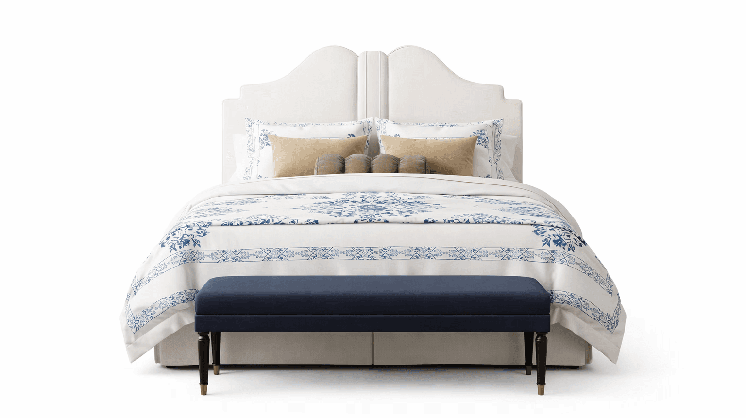Upholstered bed with winged headboard, cushioned panels, and low wooden base