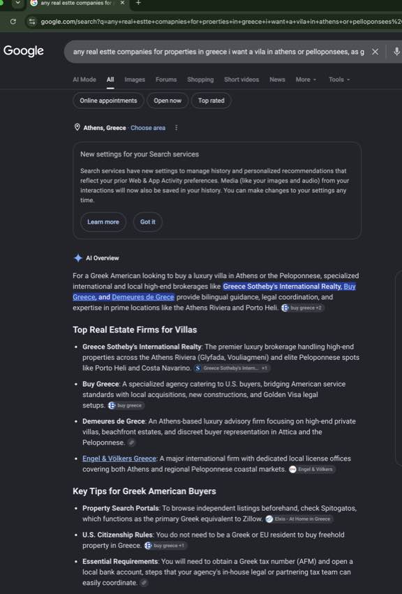 Google AI Overview: luxury villa query, BUY GREECE named alongside Sotheby's International Realty.