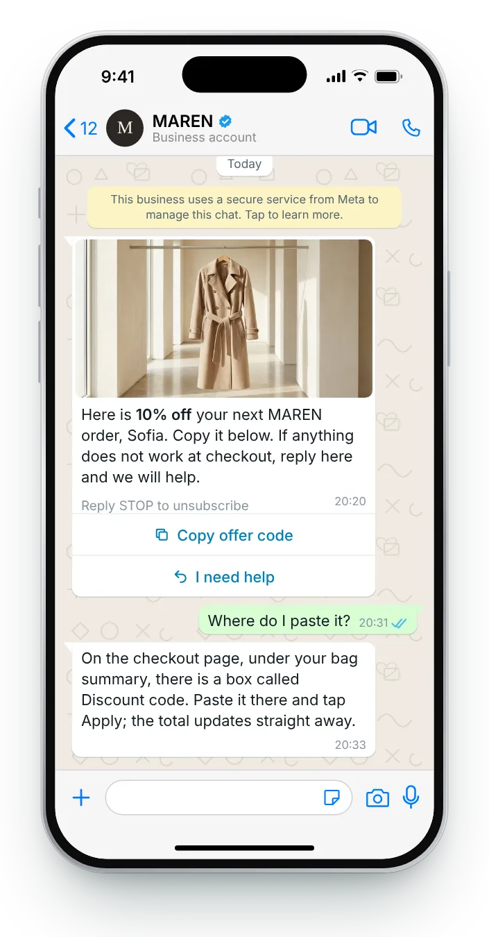 Help at the checkout box: WhatsApp coupon code message on an iPhone