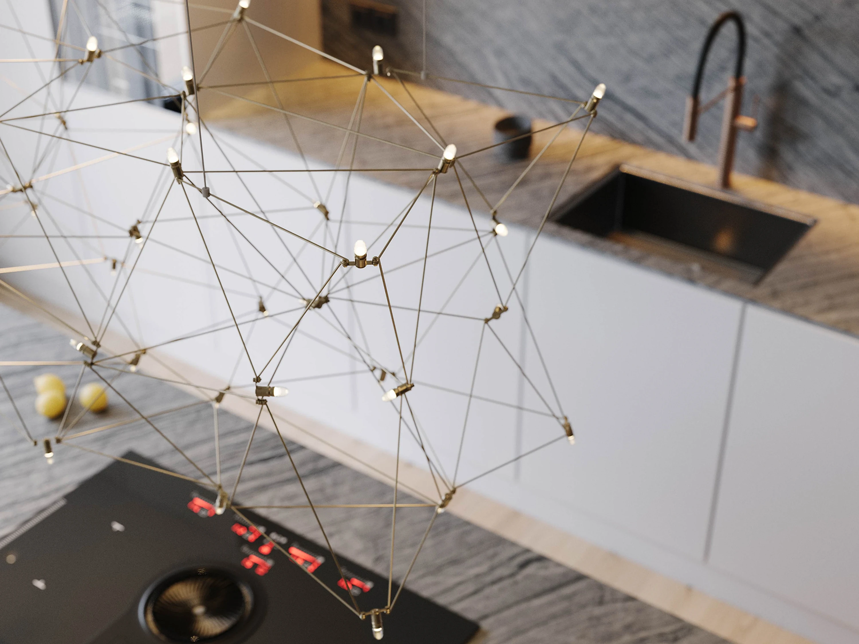 Cuisine — évier sous-plan et robinet noir mat.