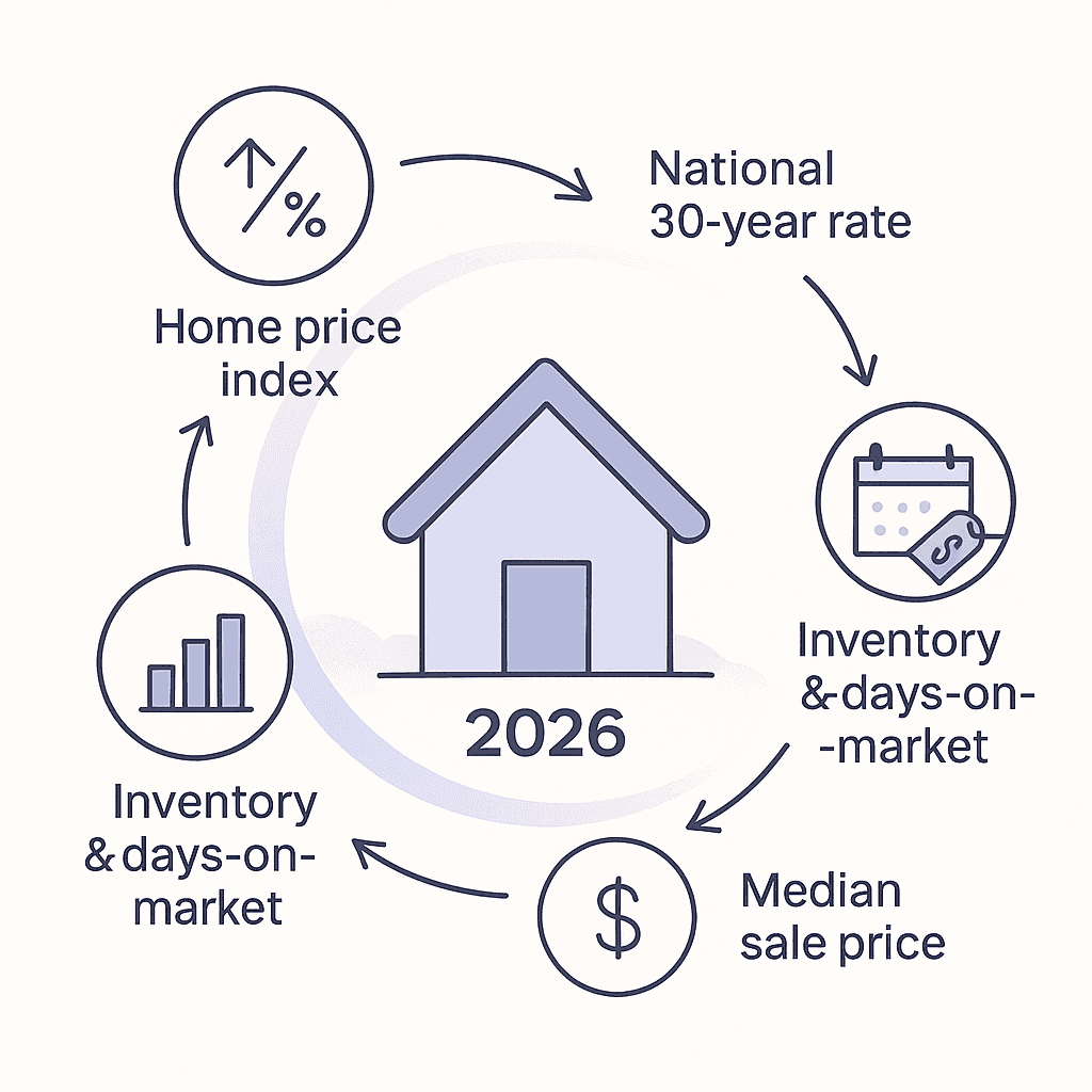 Diagram of national rates, inventory and prices converging to influence 2025-26 College Station mortgage rates