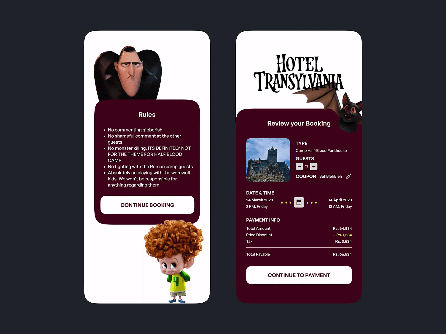 This image displays a mobile app interface related to Hotel Transylvania, featuring characters from the animated series, with a booking review screen showing reservation details and a "Continue to Payment" button.