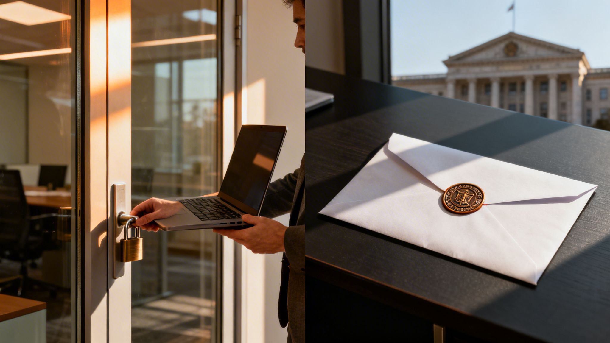 En person låser en kontorsdörr med hänglås. Till höger ligger ett förseglat brev framför en domstolsbyggnad.