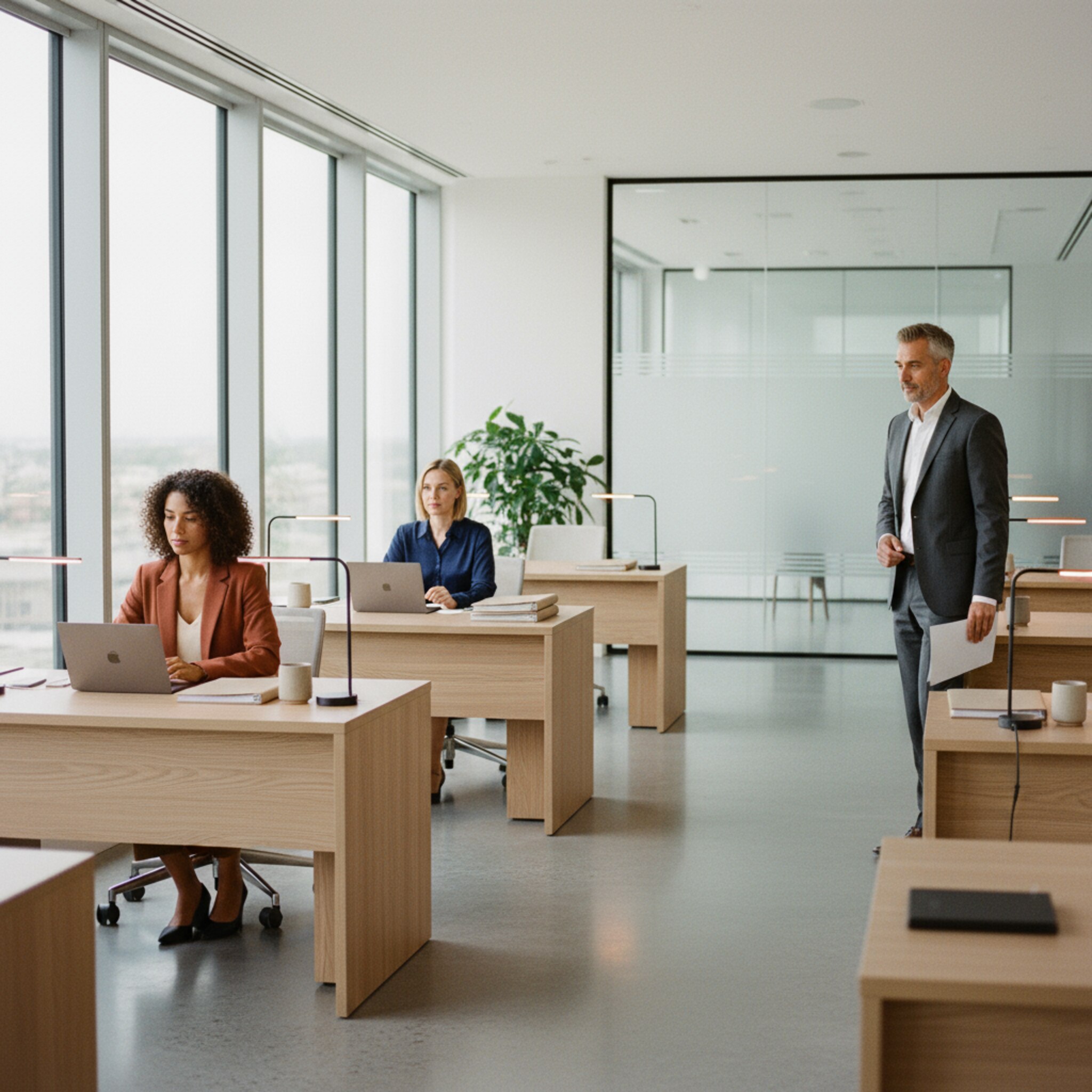 Ein ruhiger Silent-Bereich mit einzelnen Schreibtischen, an denen zwei Juristinnen konzentriert arbeiten. Ein Partner legt seine Unterlagen neben einen freien Platz und schaut kurz durch den Raum, bevor er sich setzt. Sanftes Tageslicht, geordnete Materialien und eine klare Struktur prägen die Szene.