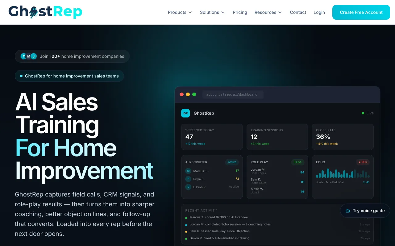 GhostRep homepage - live AI coaching for home-improvement field sales