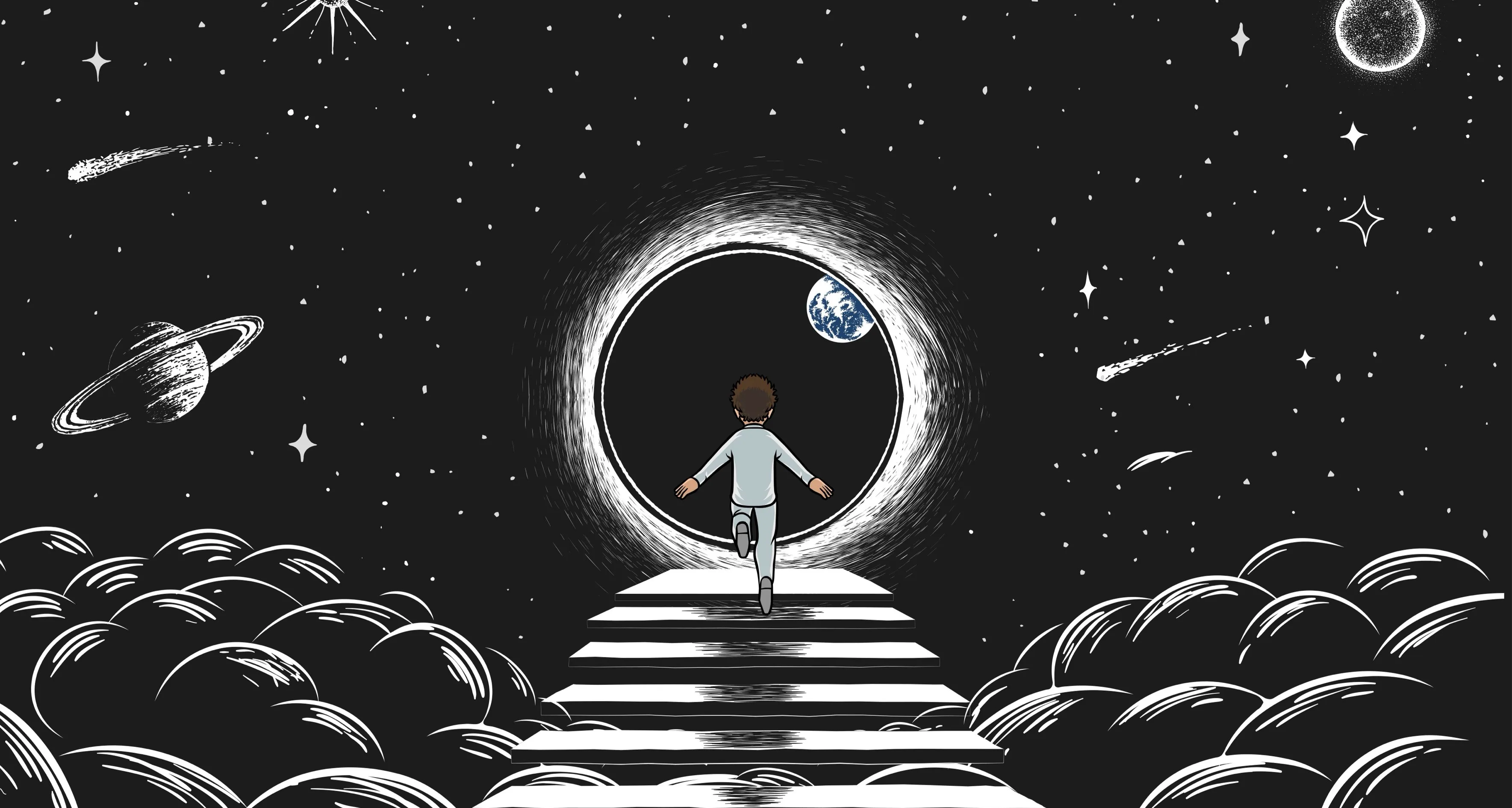 Creative black and white illustration of Jeffrey Hakim running up stairs towards a cosmic portal surrounded by planets and stars.