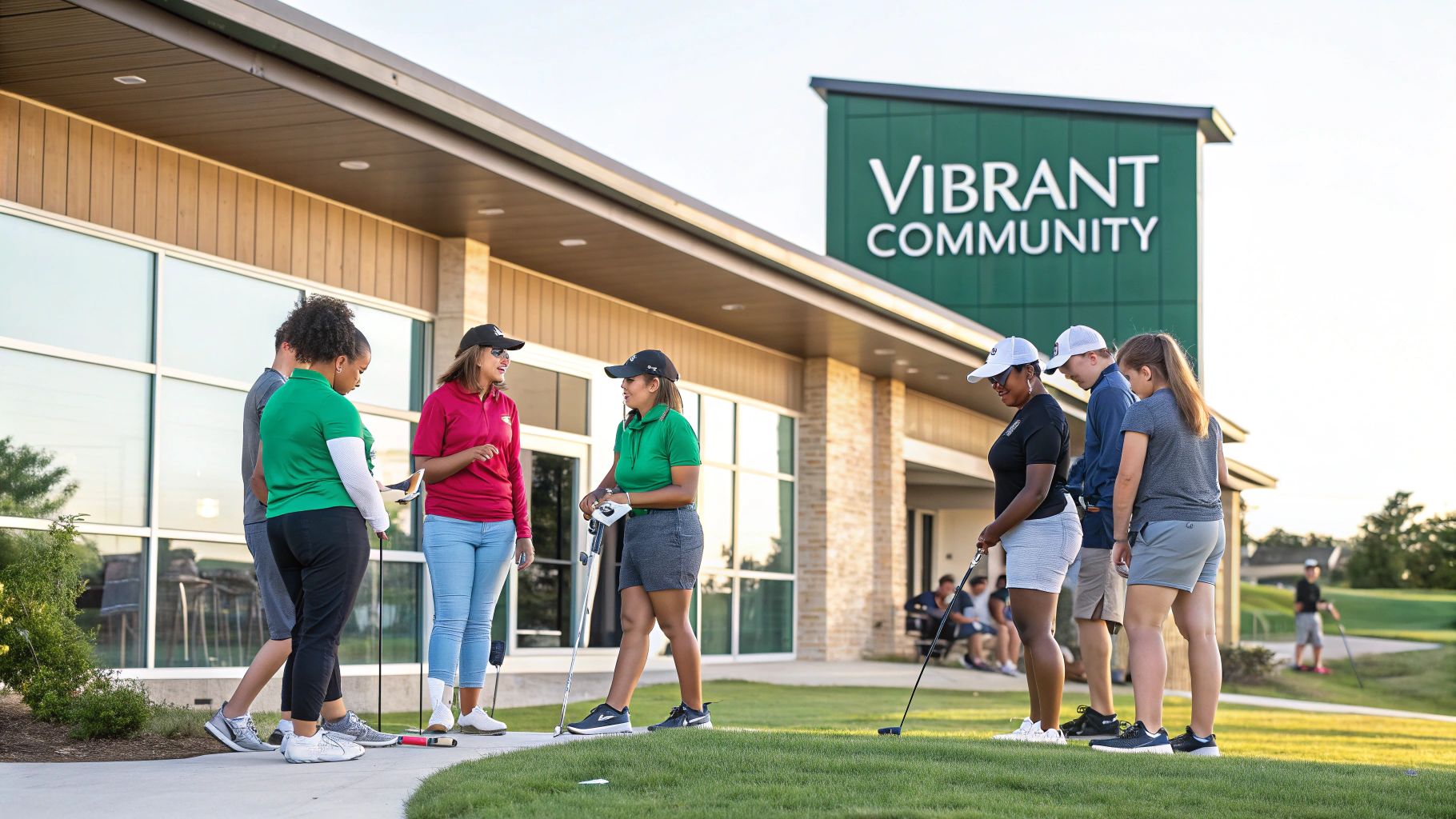 Young golfers, diverse and engaged, stand by a clubhouse with a 'Vibrant Community' sign.