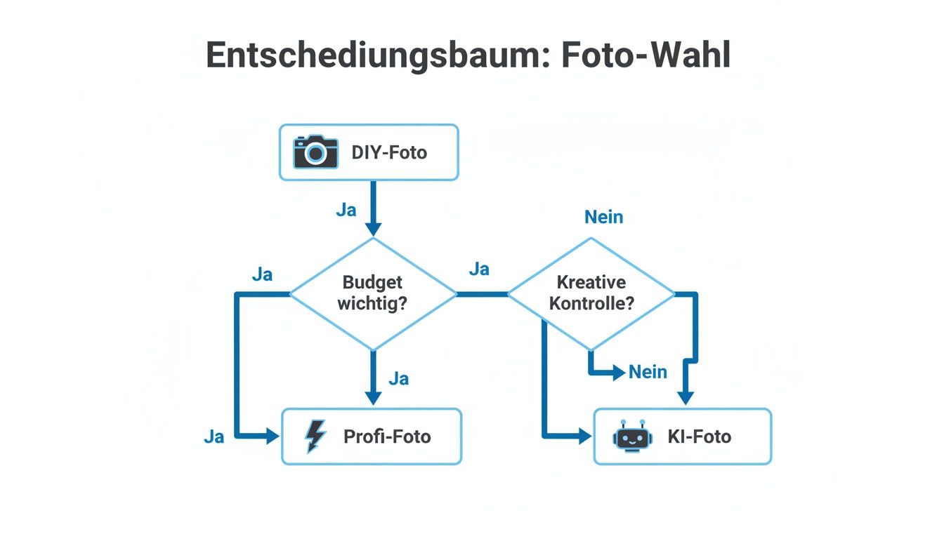 Flussdiagramm zur Auswahl von Fotos: Von DIY über Budget-Fragen bis zu professionellen oder KI-generierten Bildern.