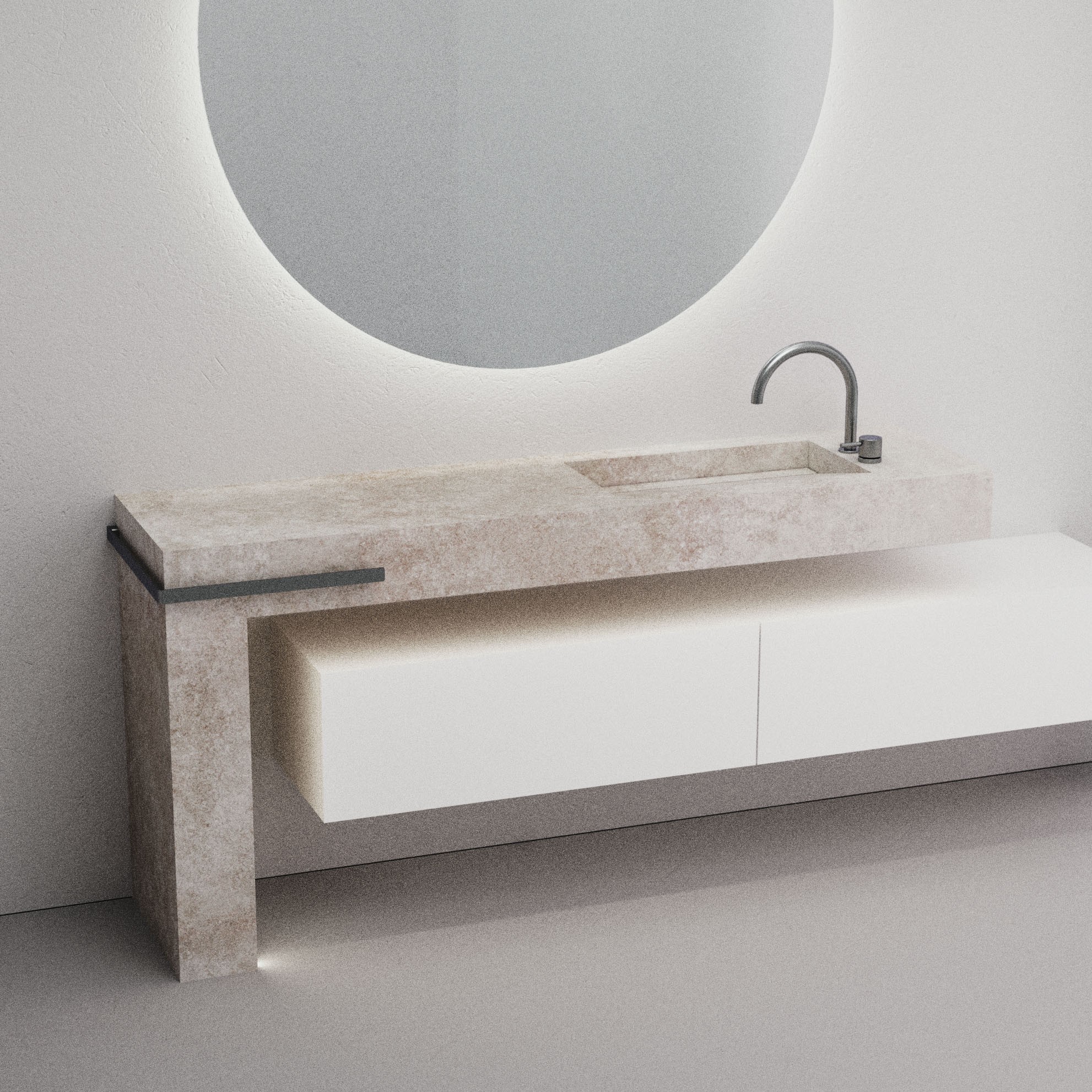 A man standing in a modern studio space, gesturing while discussing architectural plans. Shelves with books and models line the background.