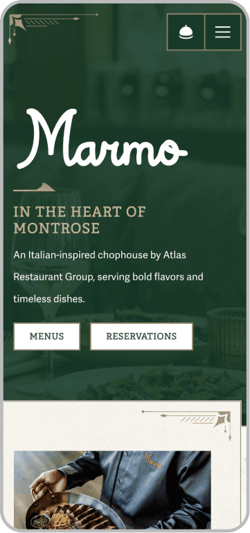 Mobile website homepage for Marmo, an Italian-inspired chophouse, with options for menus and reservations, and a partial image of a person serving food at the bottom.
