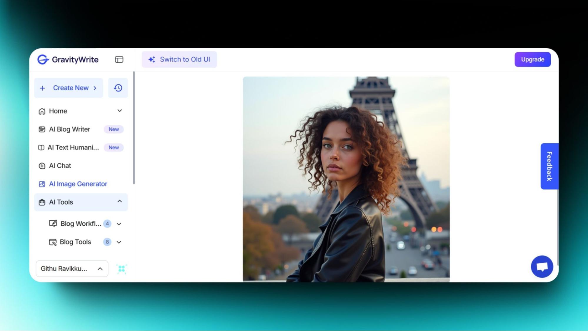 Screenshot of GravityWrite’s AI image generator displaying a woman with curly hair in front of the Eiffel Tower, showcasing generated content.