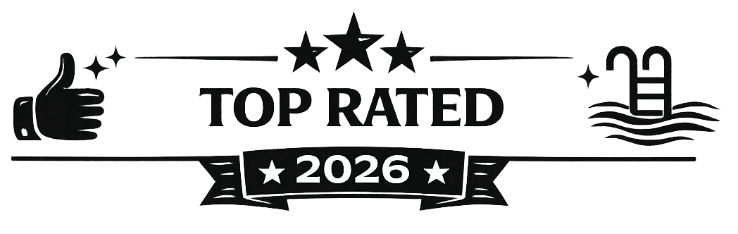 The image features a "Top Rated 2026" emblem, designed with a thumbs-up icon on the left and a swimming pool icon on the right, both surrounded by decorative stars and banners.