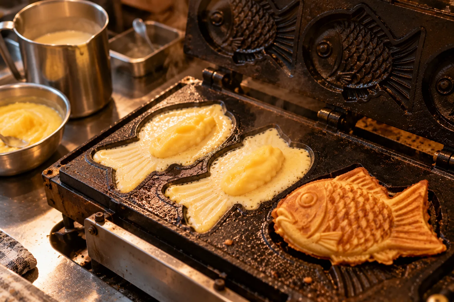 Taiyaki batter and custard filling in a fish-shaped mould