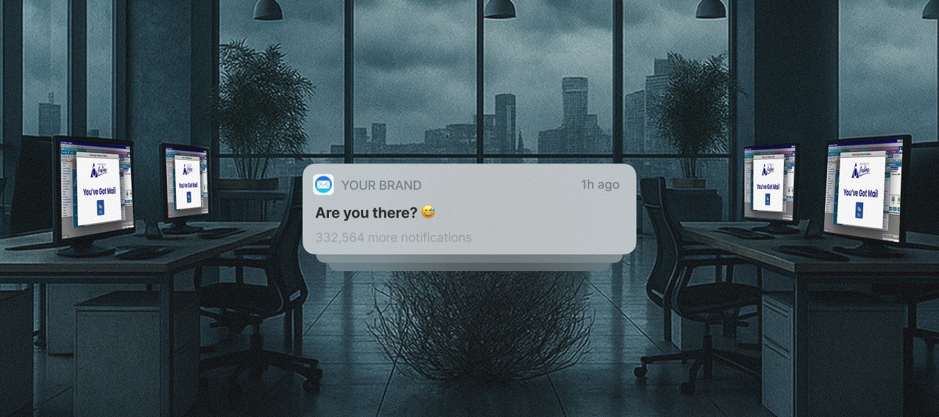 Empty Amazon-style office with abandoned desks and a phone notification saying “Are you there?” implying brands can no longer reach their 1P retail managers.