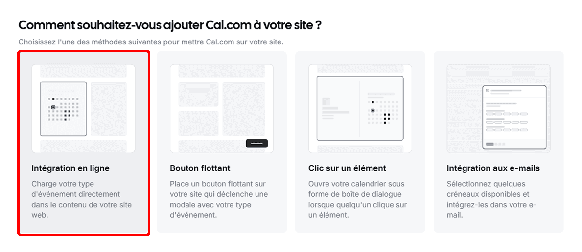 Options d’intégration Cal.com permettant de générer un code iframe pour un site Framer