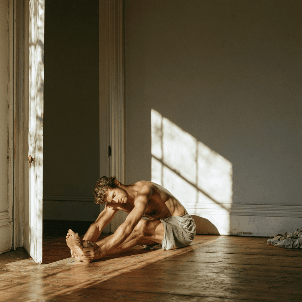 Man stretching slowly on the floor near an open door with daylight coming in