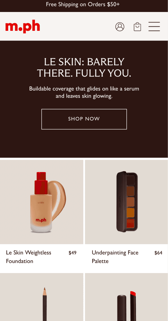 Mobile homepage for m.ph beauty showcasing foundation products and collections