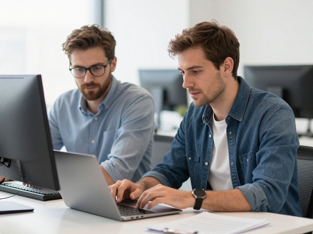 Two people focused on a computer screen in a warehouse.