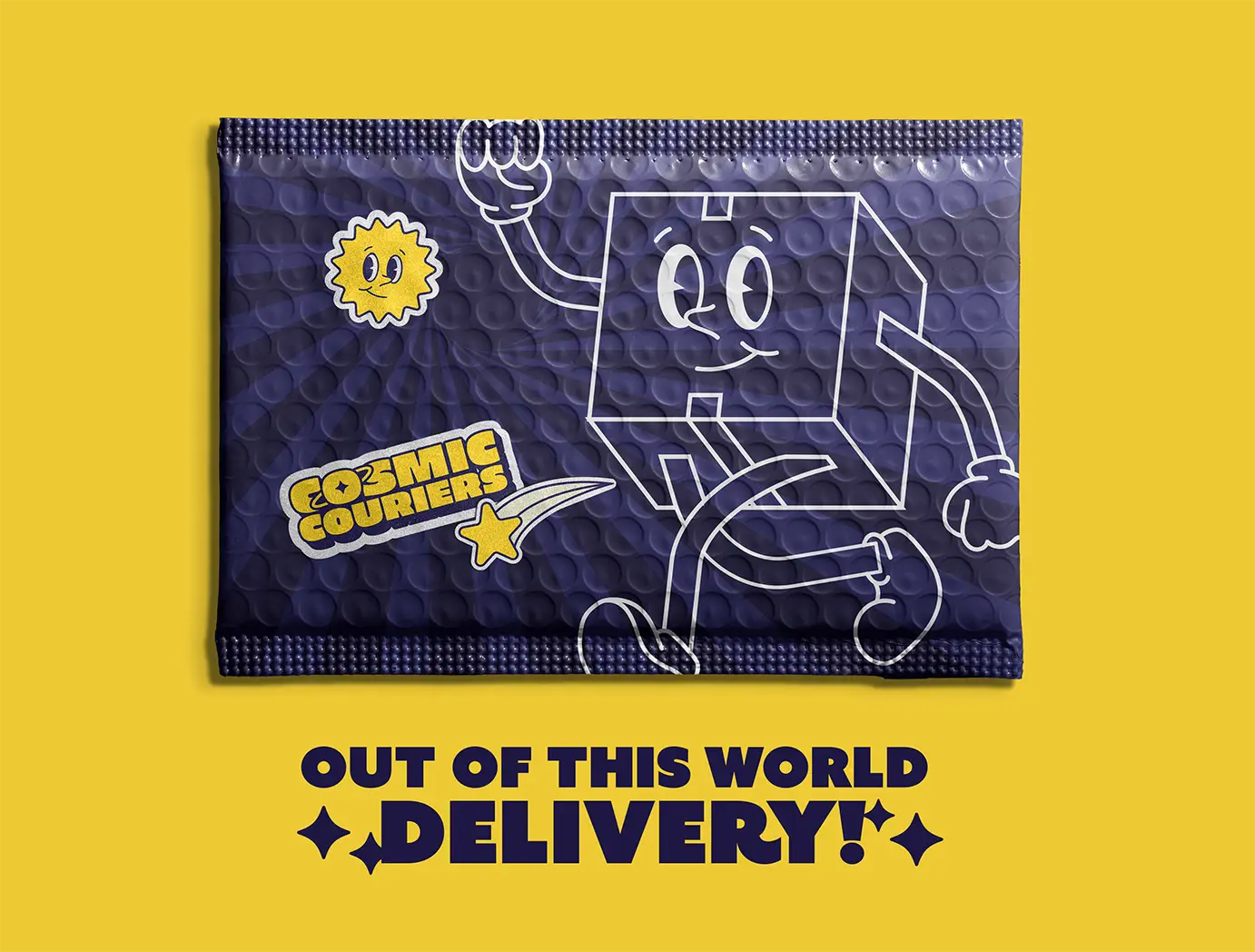 Navy Cosmic Couriers parcel mailer on a yellow background above the line Out of this world delivery