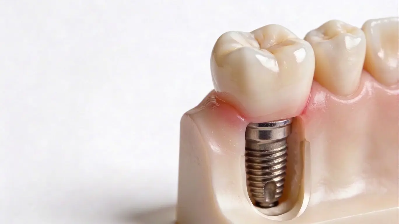 Model de implant dentar în prim-plan, folosit pentru ilustrarea inflamației din jurul implantului