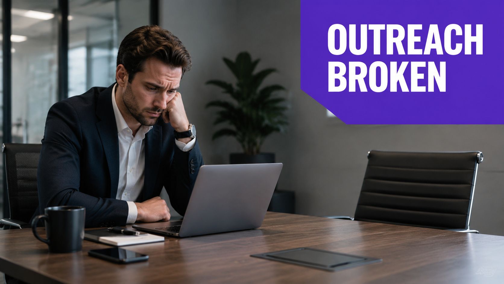 A frustrated businessman sitting at his office desk looking at his laptop screen with a concerned expression.