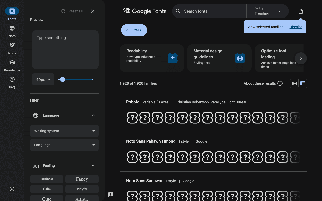 Google Fonts екранна снимка