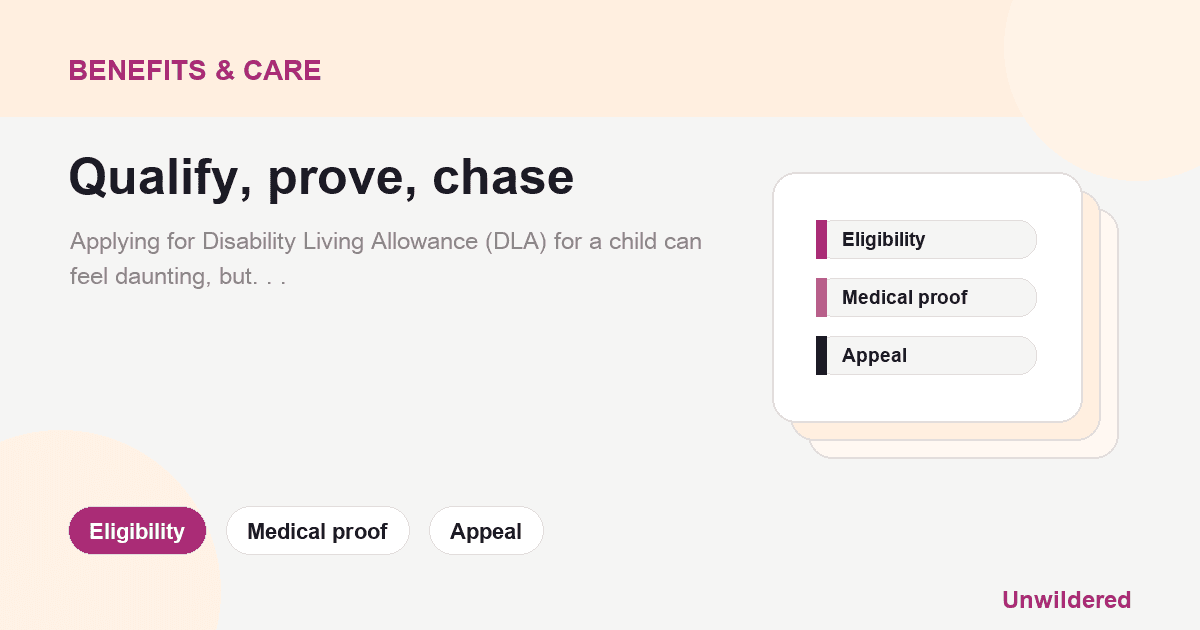 Explainer card for DLA Evidence Guide for Children: Proving Care and Mobility Needs: Eligibility, Medical proof, Appeal.