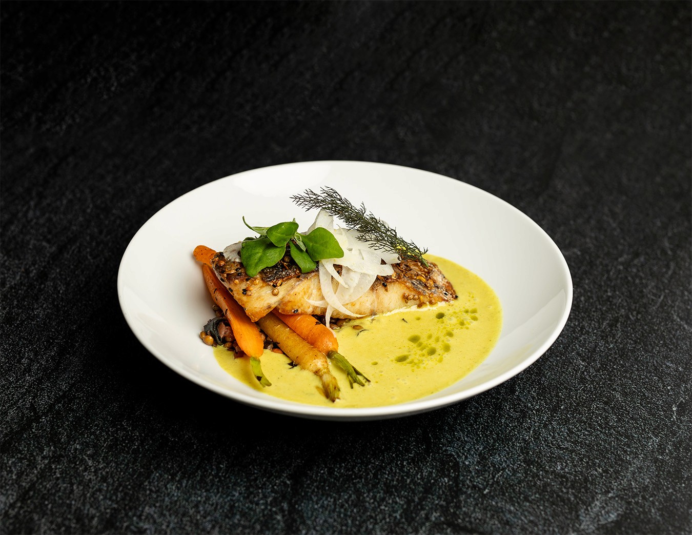 Seed Crusted Barramundi , Lentils, Native Curry, Warrigal Greens & fennel