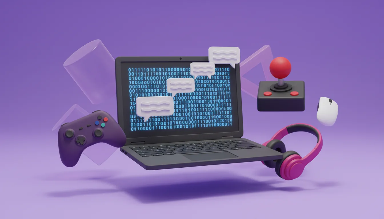 3D render of a video gaming setup, Blender style with flat shading. A composition featuring a central laptop, a dark purple gamepad, a red-ball joystick, magenta headphones, and a wireless mouse. The objects are made of matte plastic material. The laptop screen shows a blue binary code pattern with floating UI chat bubbles containing abstracted text. The scene uses soft global illumination and subtle floating shadows, set against a clean purple gradient studio backdrop with translucent shapes in the background.