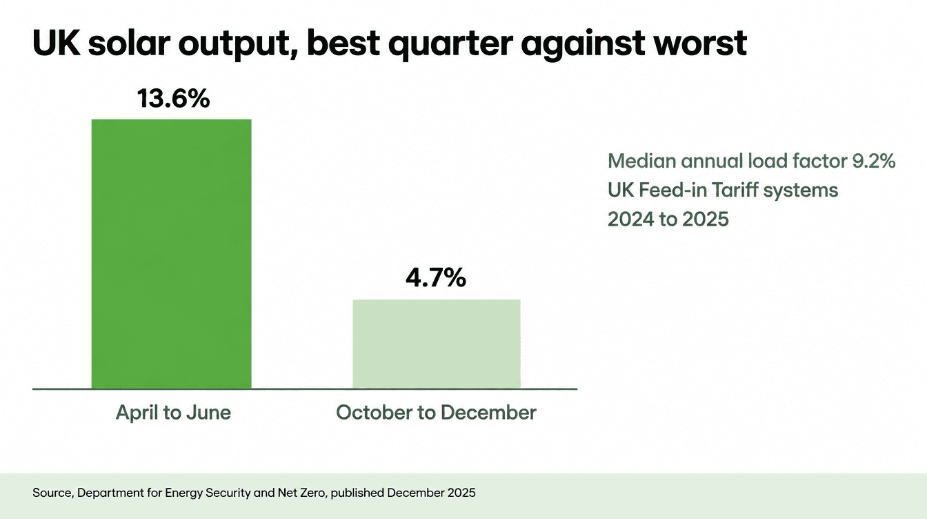 UK solar generation load factor, best quarter compared with worst quarter