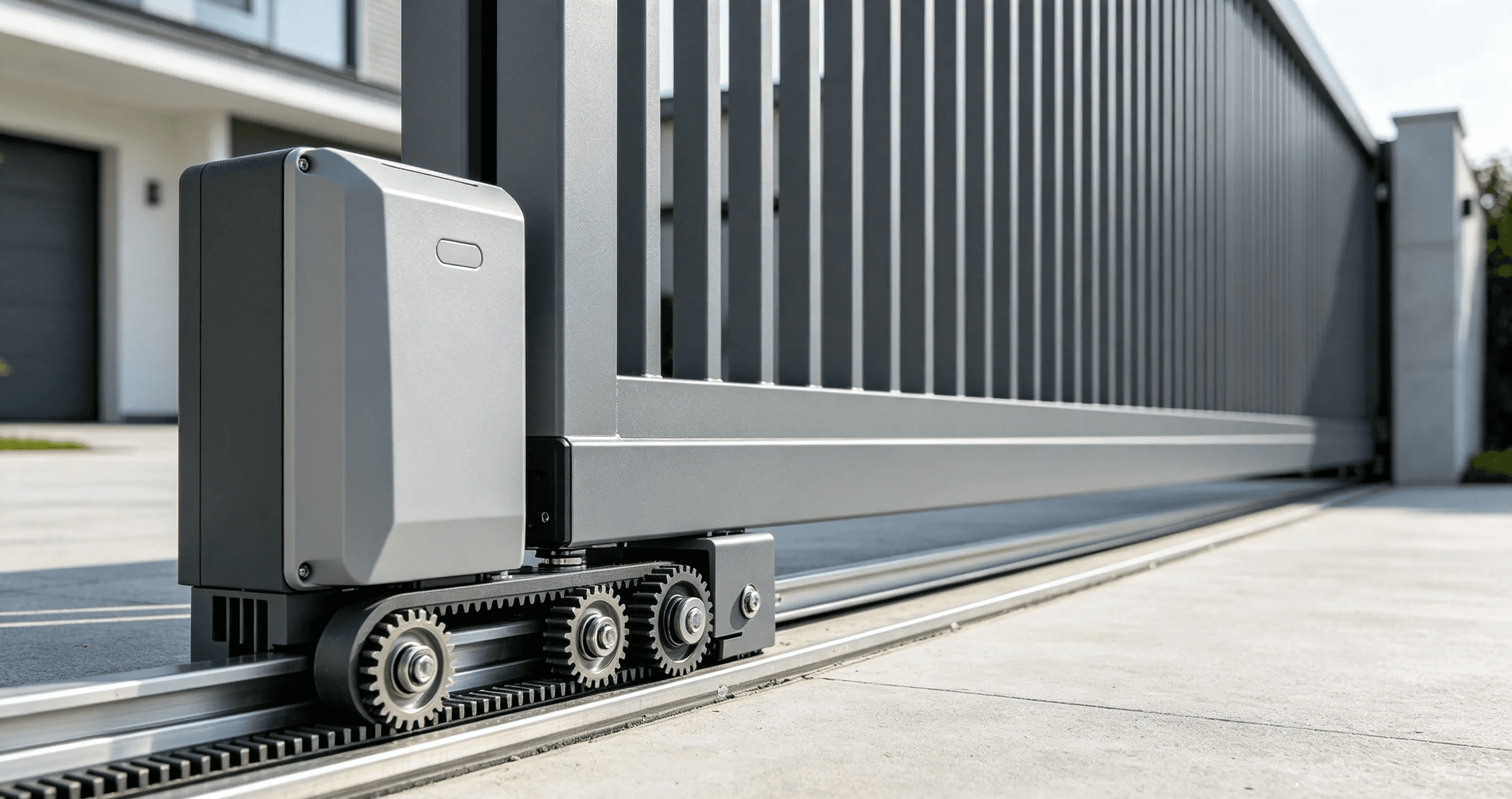 Automatic sliding gate opener motor installed on a sliding gate system