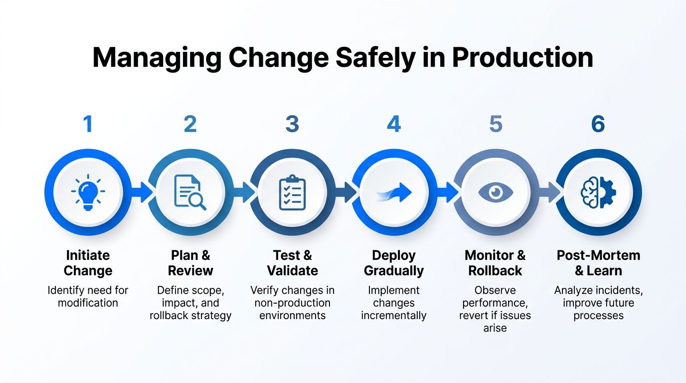 A six-step diagram illustrating the process for safely managing changes in a production environment system.