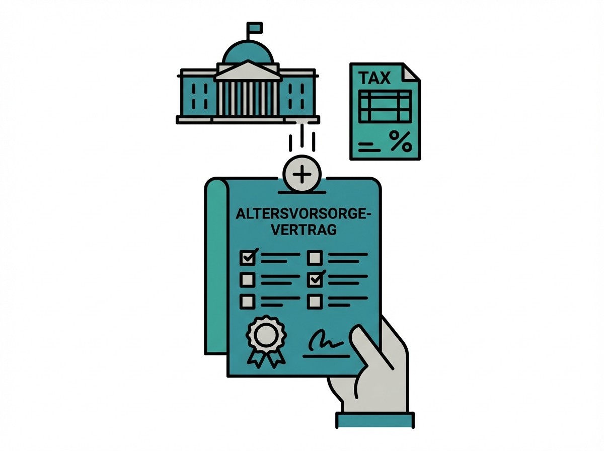Illustration: Hand hält einen Altersvorsorgevertrag, darüber Symbole für staatliche Zuschüsse und Steuervorteile.