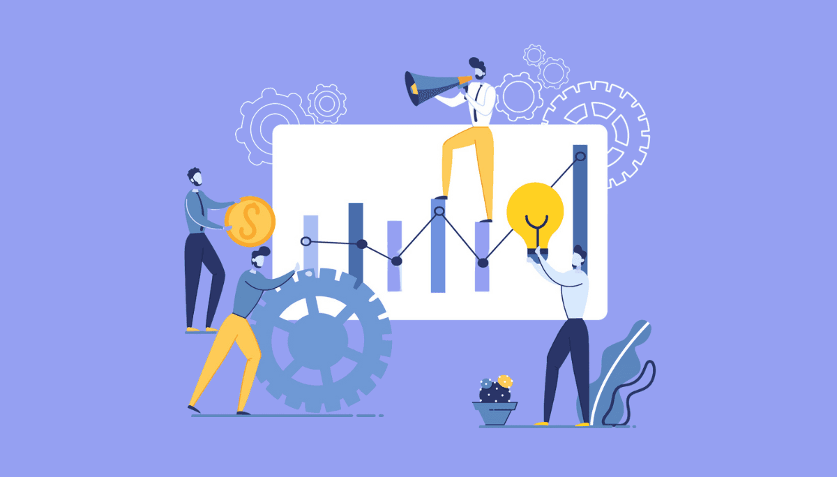 Illustration of professionals interacting with charts, gears, and dollar symbols.
