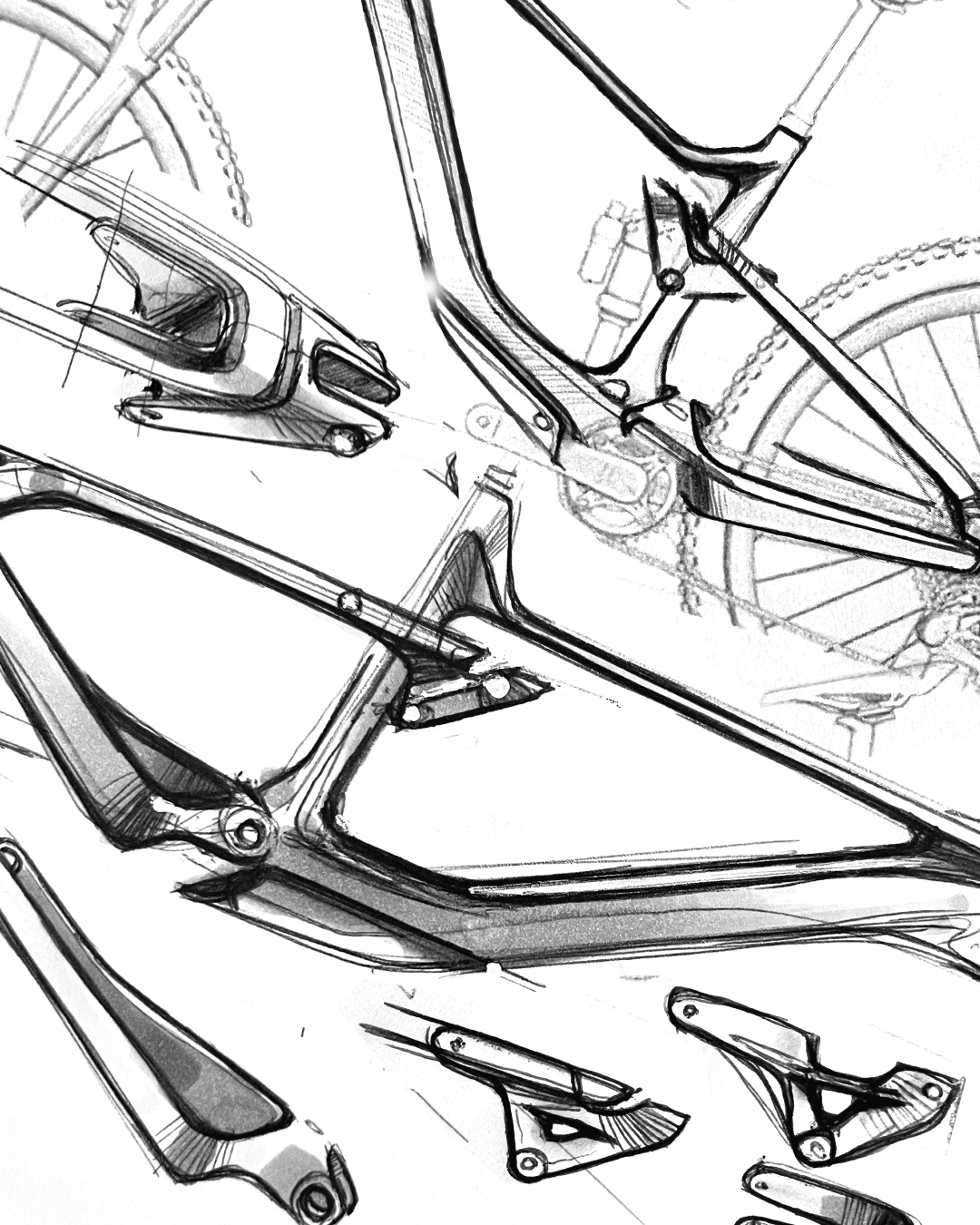 Pencil sketches of mountain bike frame concepts.