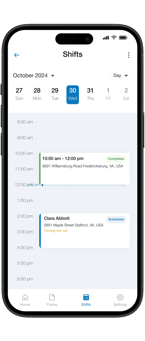 Shift calendar view on mobile phone.