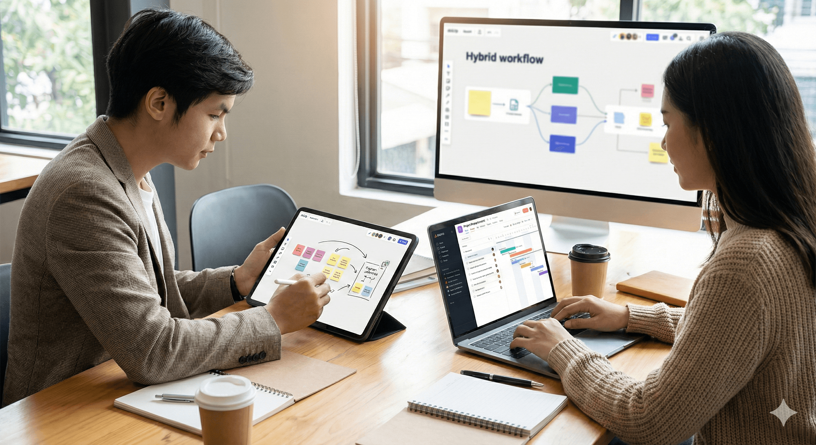 Two people collaborate in an office, using Asana and Miro on their devices, with a large screen displaying a workflow diagram.