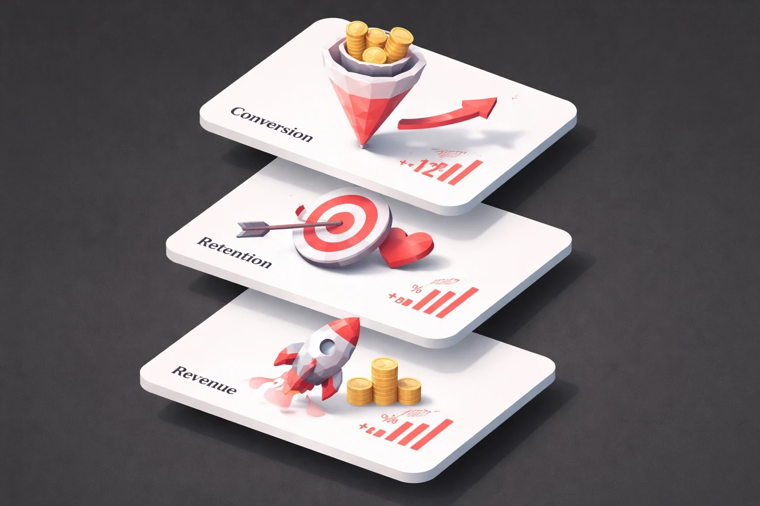 Low poly isometric statistics cards visual for UX optimization page