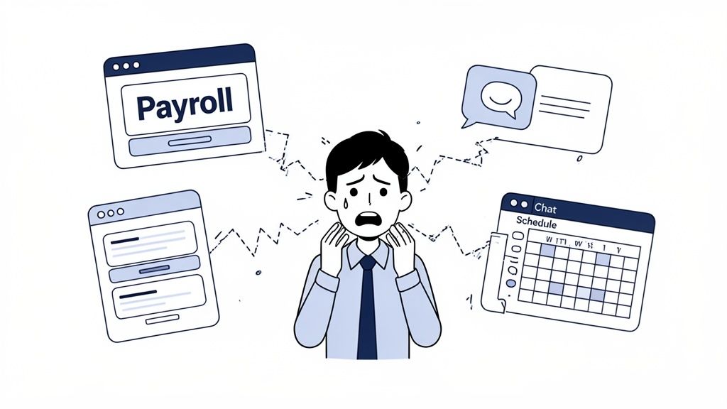 Illustration of a stressed person overwhelmed by multiple business application windows, including payroll and schedule.