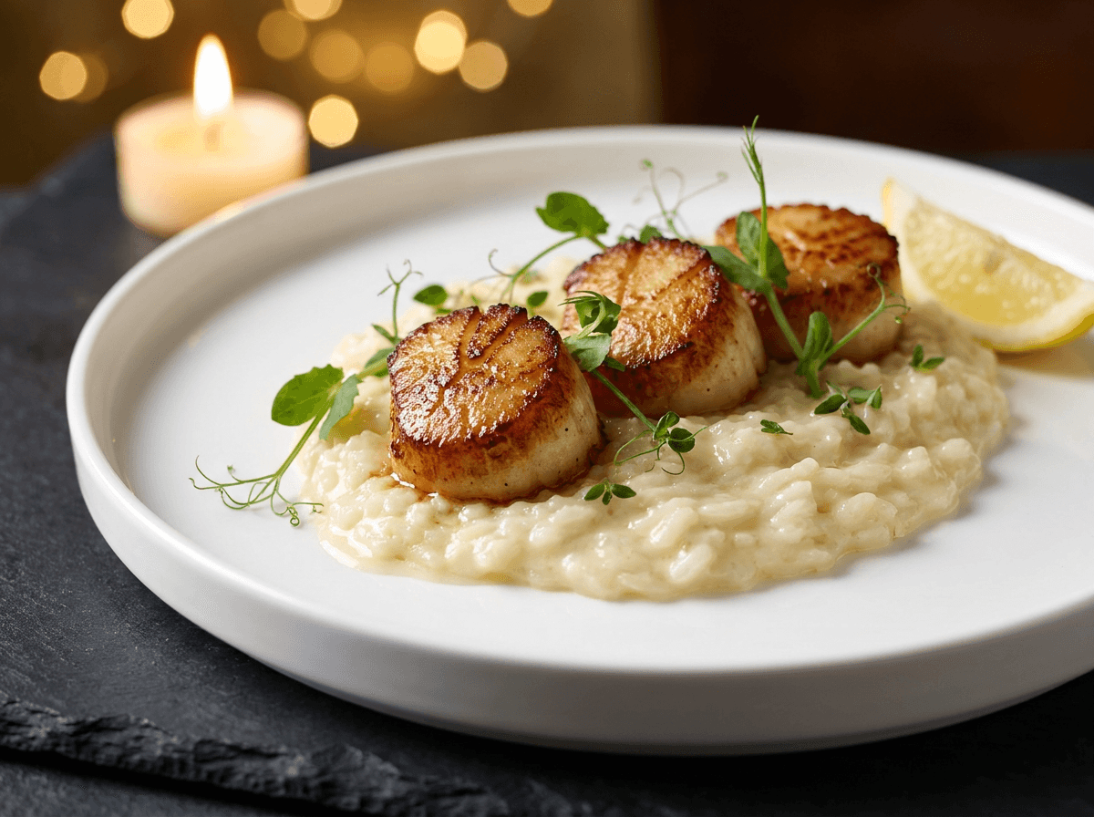 Seared scallops with Parmesan risotto plated as an easy low calorie meal