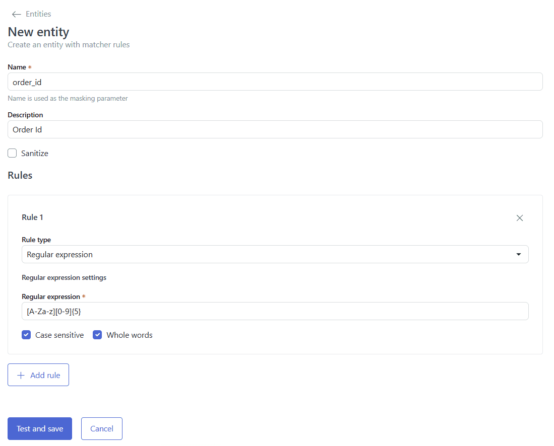 Kuvakaappaus Zendeskin AI-agentin entiteetin (Entities) luontilomakkeesta. Esimerkissä luodaan 'order_id'-nimistä entiteettiä ja määritetään sille Regular expression -sääntö.